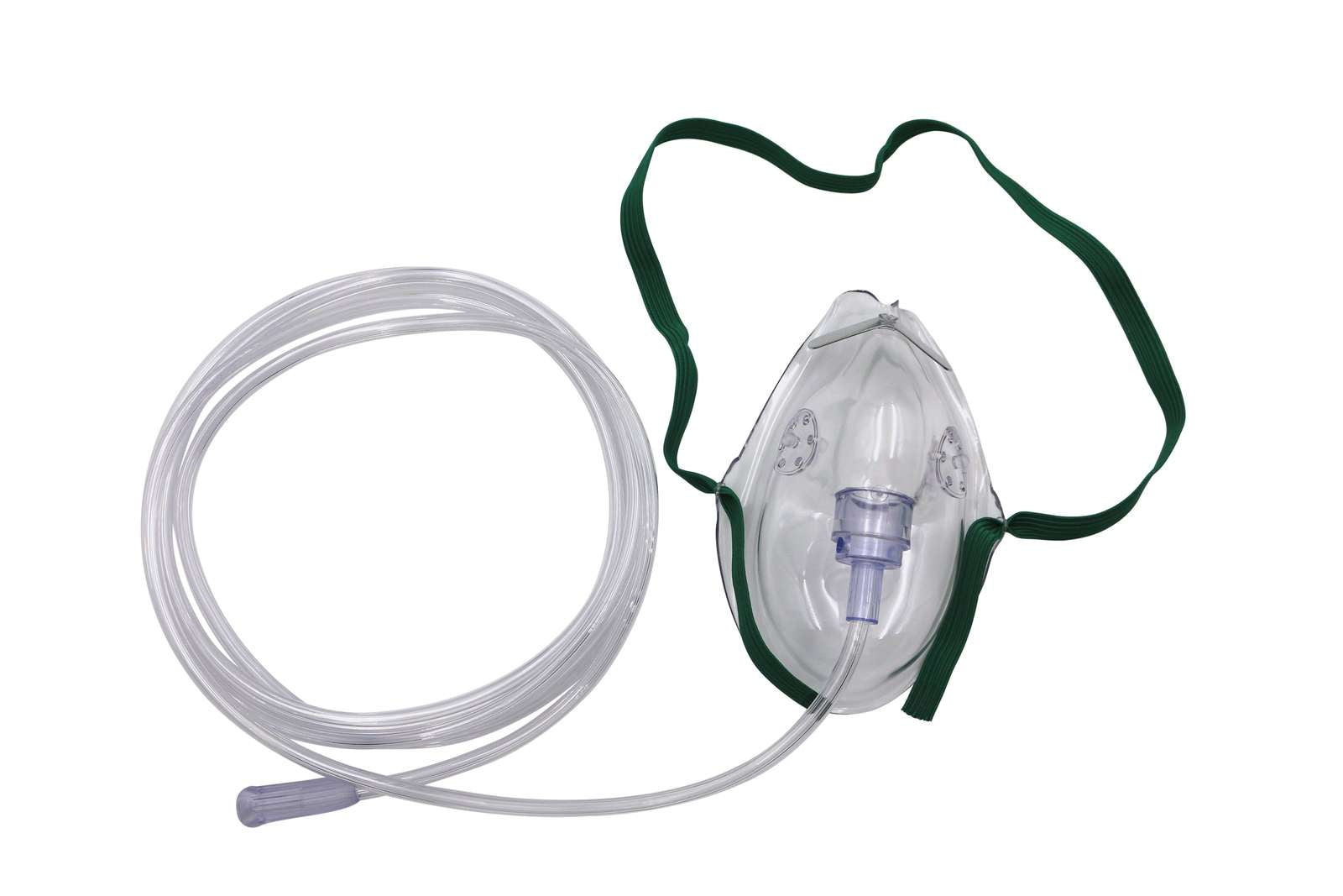 Adult oxygen face mask with green elastic strap and clear tubing included in emergency oxygen kit
