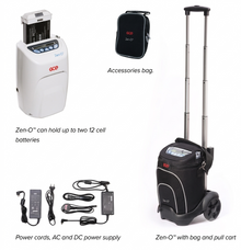 GCE Zen-O portable oxygen concentrator full kit including the main unit with 12-cell batteries, accessories bag, AC and DC power supply cords, and protective bag with pull cart.