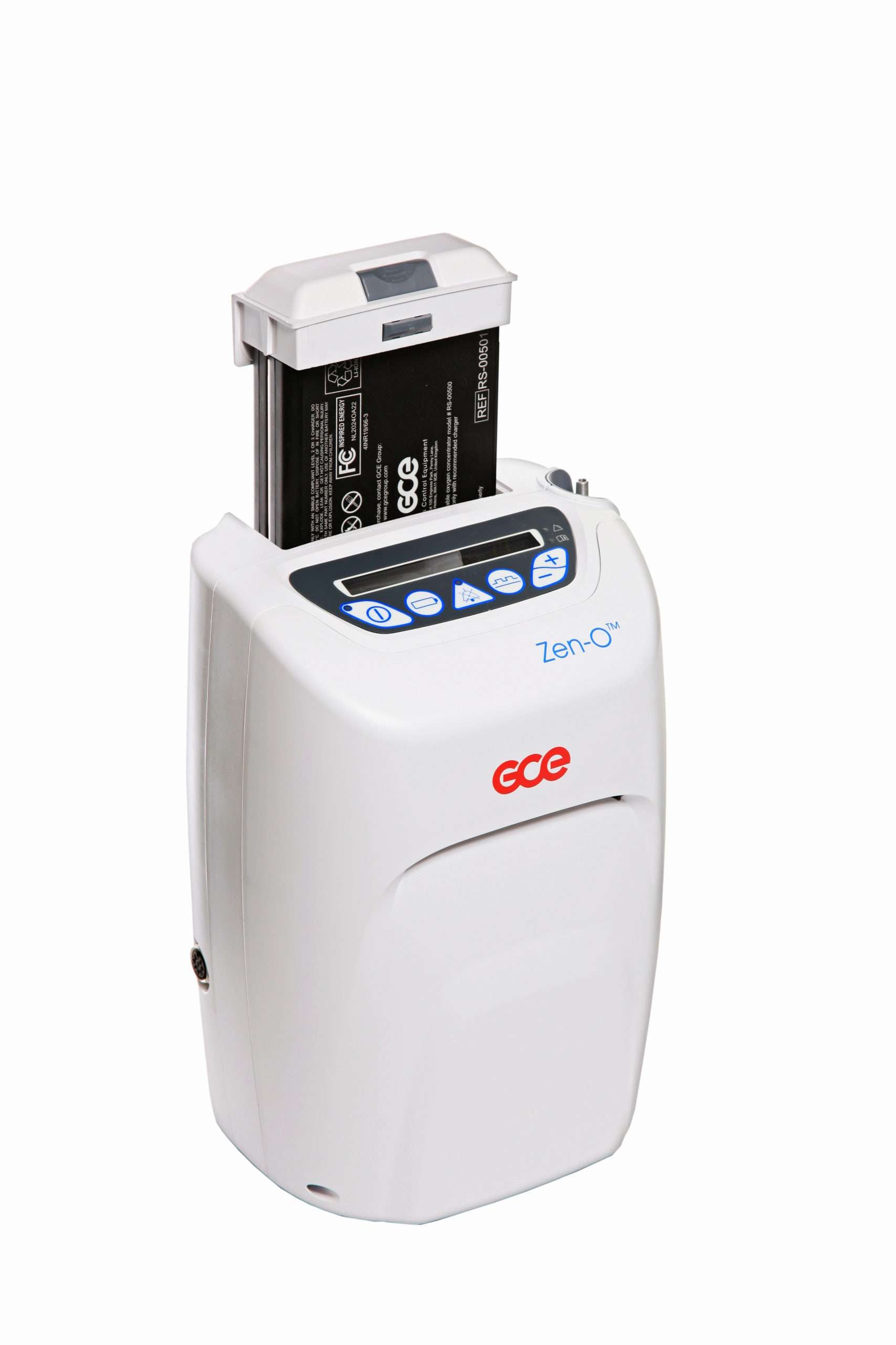 GCE Zen-O portable oxygen concentrator side view showing dual battery slot