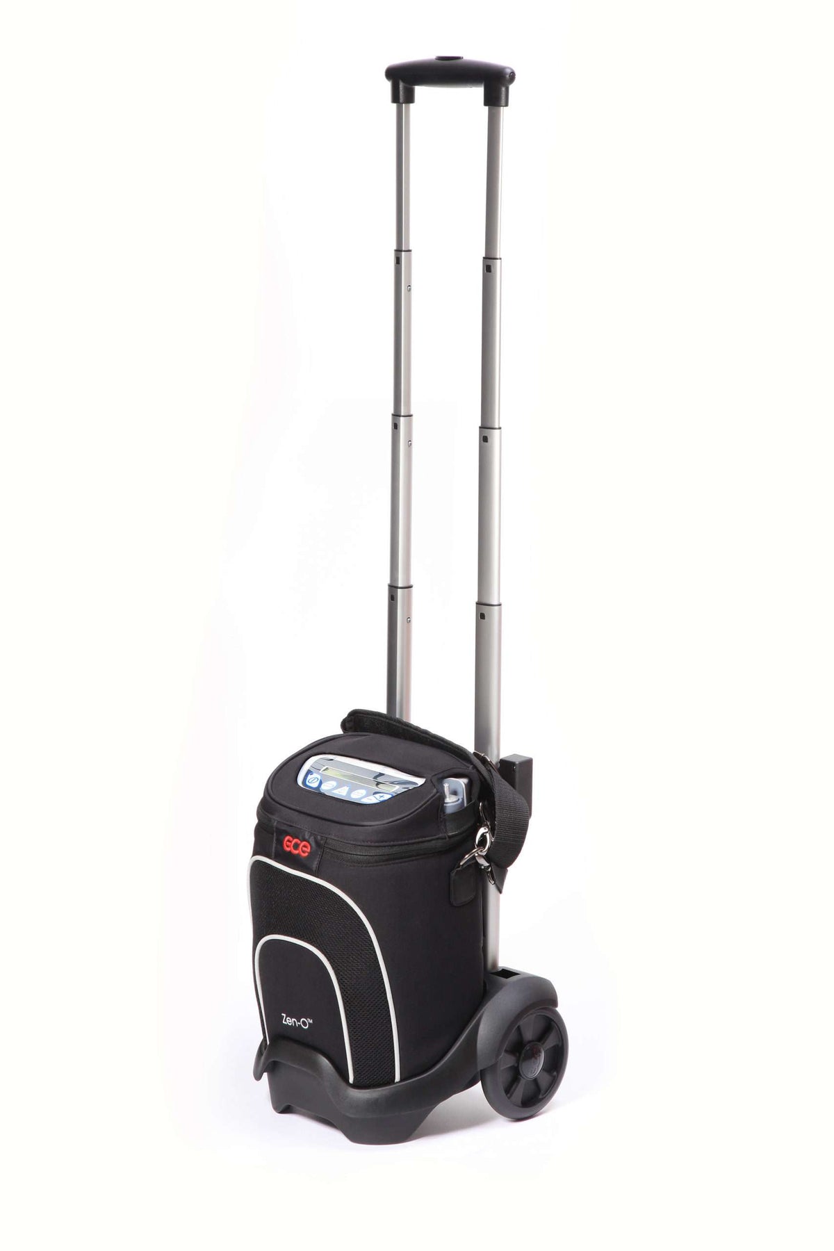Zen-O in its black carry bag on the supplied pull cart, with the telescopic handle extended