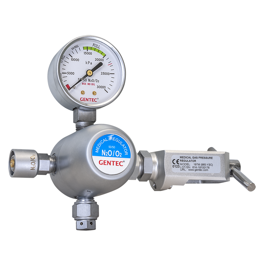Gentec high flow medical Entonox regulator 50:50 N2O O2 with white faced kPa pressure gauge blue body label self sealing outlet and yoke assembly