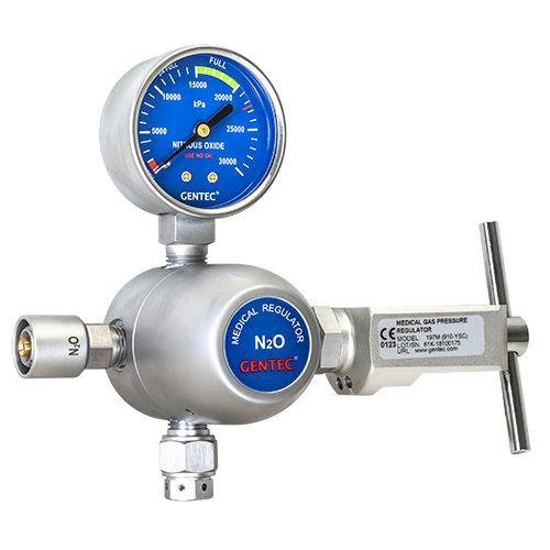 Gentec high flow medical nitrous oxide regulator with blue faced kPa pressure gauge N2O self sealing outlet and T-bar yoke key