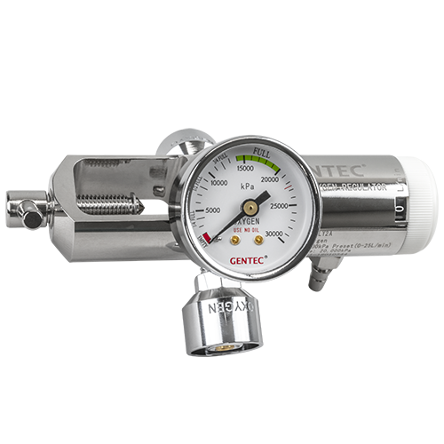 Gentec medical oxygen regulator flowmeter 25 LPM with dual SIS outlets chrome finish kPa pressure gauge and click style flow selector