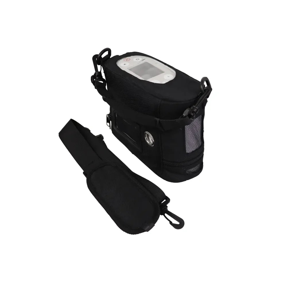 Kingon P2-E inside its black carry bag with the control panel exposed through the top opening, shoulder strap shown separately