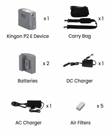 What's in the box with the Kingon P2-E: the concentrator, carry bag, two batteries, DC car charger, AC charger and five air filters
