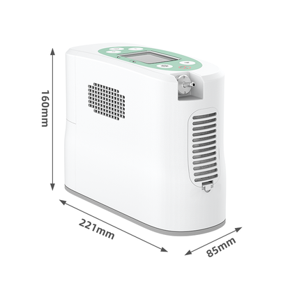High-angle front view diagram of the Kingon P2-E7 portable oxygen concentrator, annotated with dimensions: 221mm (length), 160mm (height), and 85mm (width)