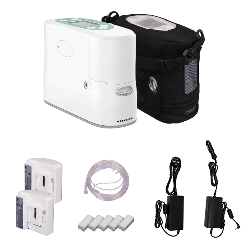 Flat lay view of all accessories included with the Kingon P2-E7 portable oxygen concentrator kit: two batteries, carry bag, nasal cannula, five air filters, AC power supply, and DC power supply (car charger).