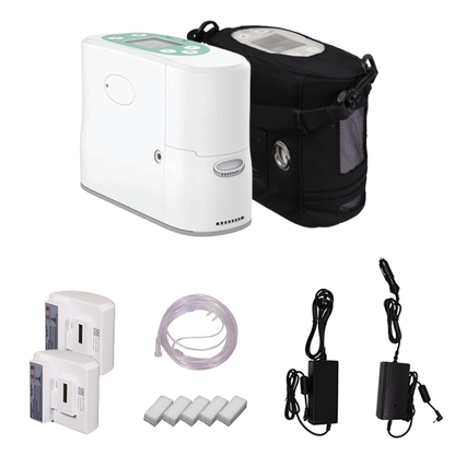 Flat lay view of all accessories included with the Kingon P2-E7 portable oxygen concentrator kit: two batteries, carry bag, nasal cannula, five air filters, AC power supply, and DC power supply (car charger).