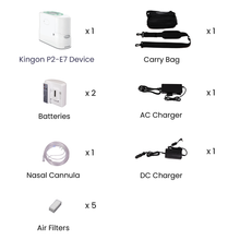 A graphic breakdown with images showing the specific quantities of parts in the Kingon P2-E7 package: 1x device, 1x carry bag, 2x batteries, 1x AC charger, 1x nasal cannula, 1x DC charger, and 5x air filters.