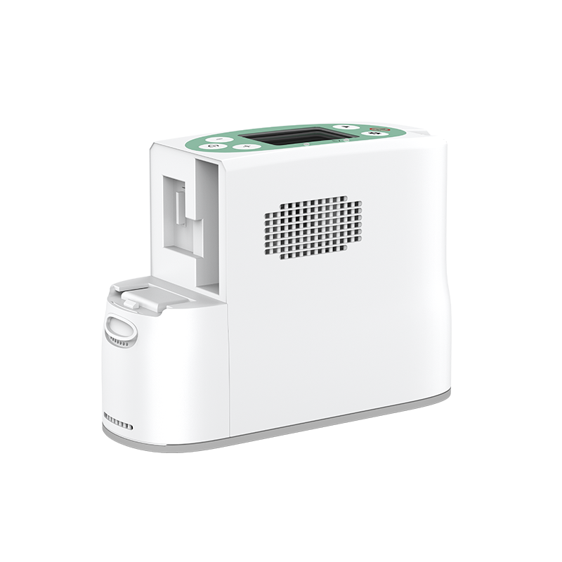 High-angle rear view of the Kingon P2-E7 portable oxygen concentrator, showing the large side ventilation grille