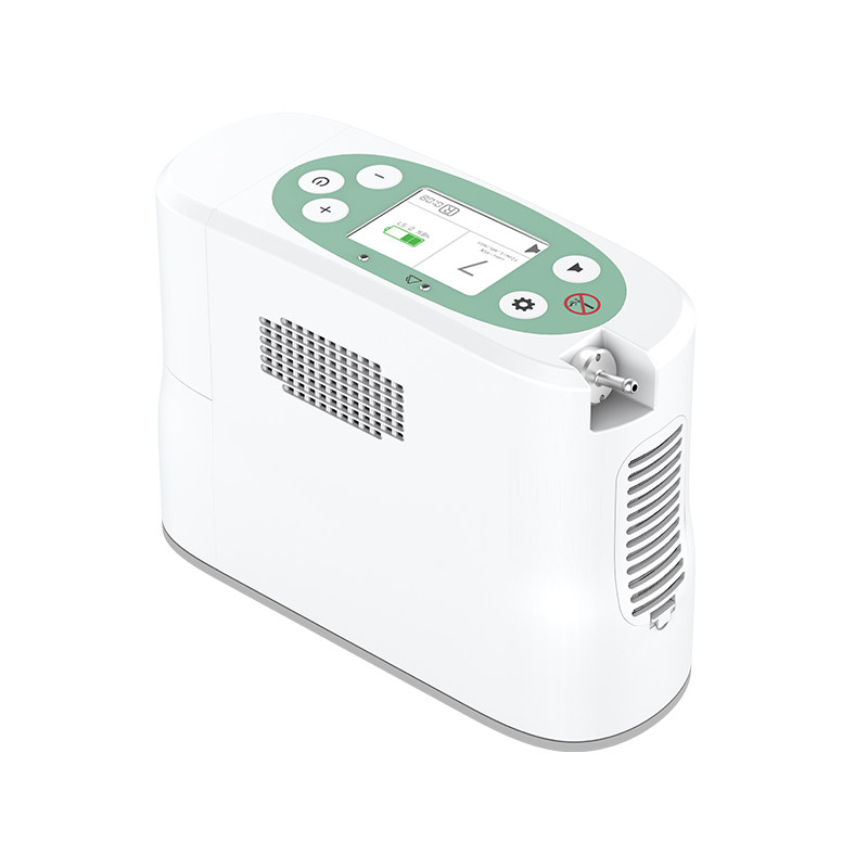 High-angle front-side view of the Kingon P2-E7 portable oxygen concentrator, showing the control panel screen displaying "Setting 7" and the oxygen flow nozzle