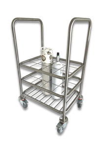 12 C-size medical gas cylinder trolley loaded with two white C-size oxygen cylinders demonstrating upright storage capacity