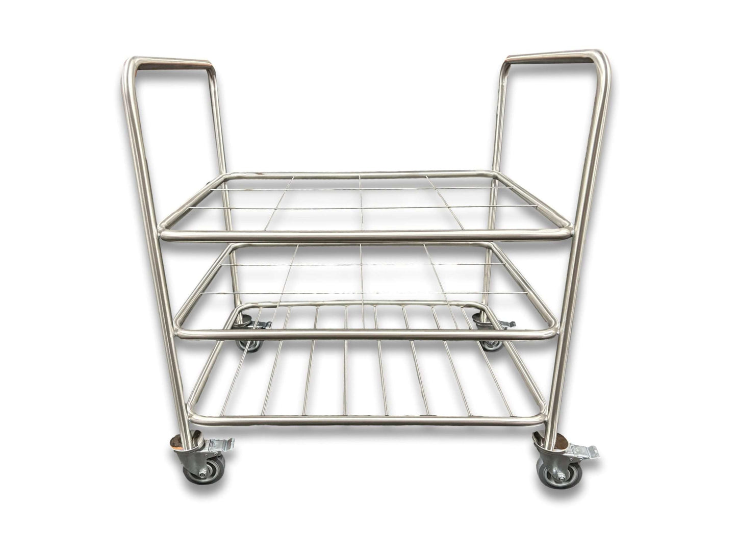 12 D-size medical gas cylinder trolley front view showing stainless steel dual-level wire grid shelves, handles at both ends and four lockable castor wheels