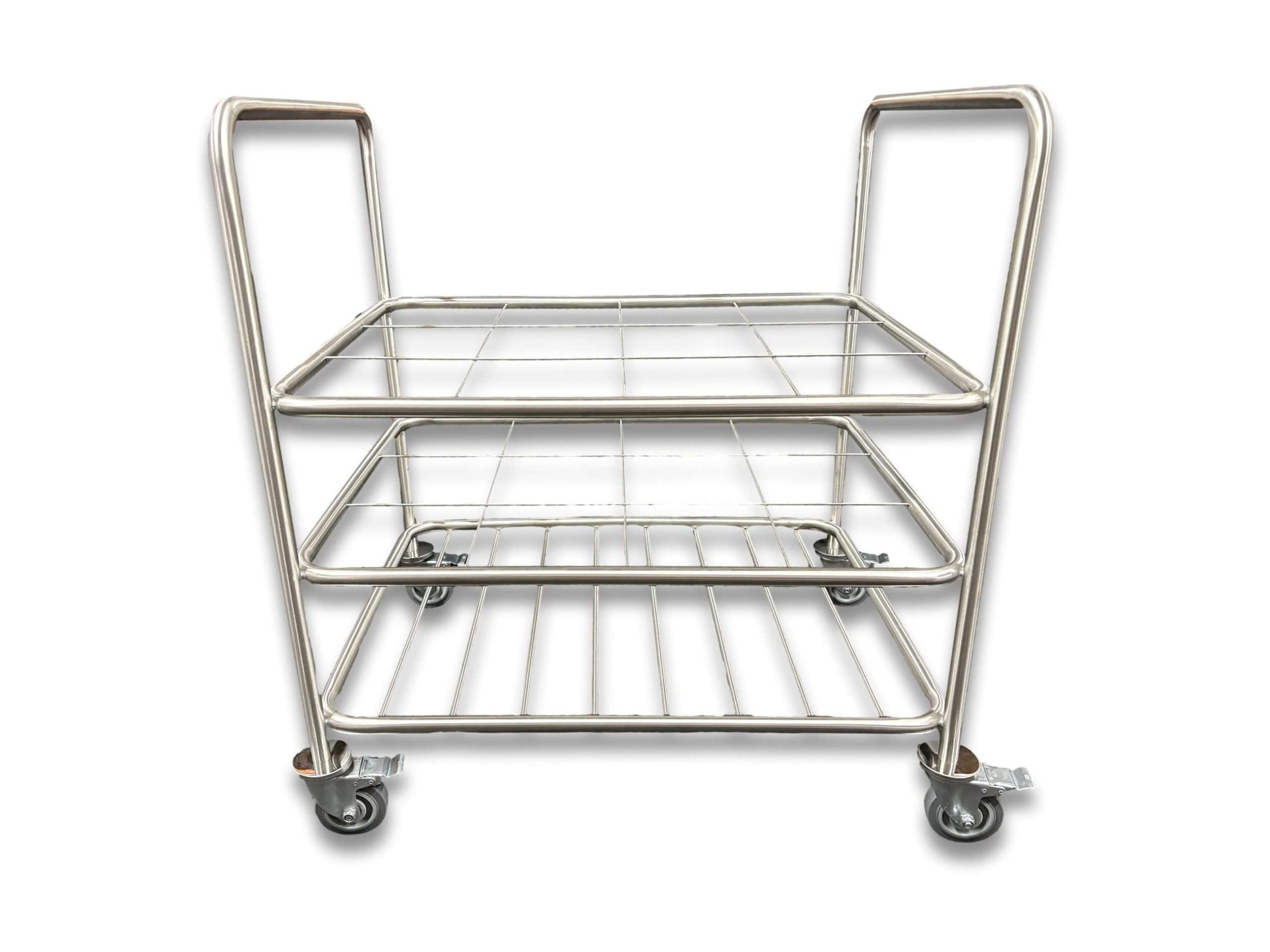 12 D-size medical gas cylinder trolley front view showing stainless steel dual-level wire grid shelves, handles at both ends and four lockable castor wheels