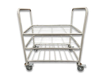 12 D-size medical gas cylinder trolley front view showing stainless steel dual-level wire grid shelves, handles at both ends and four lockable castor wheels