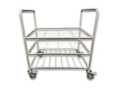 12 D-size medical gas cylinder trolley front view showing stainless steel dual-level wire grid shelves, handles at both ends and four lockable castor wheels