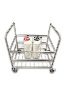 12 D-size medical gas cylinder trolley angled view loaded with two D-size medical gas cylinders showing wide stainless steel frame and lockable castor wheels
