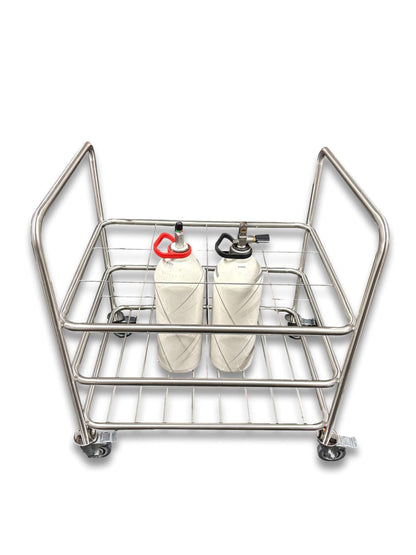 12 D-size medical gas cylinder trolley angled view loaded with two D-size medical gas cylinders showing wide stainless steel frame and lockable castor wheels