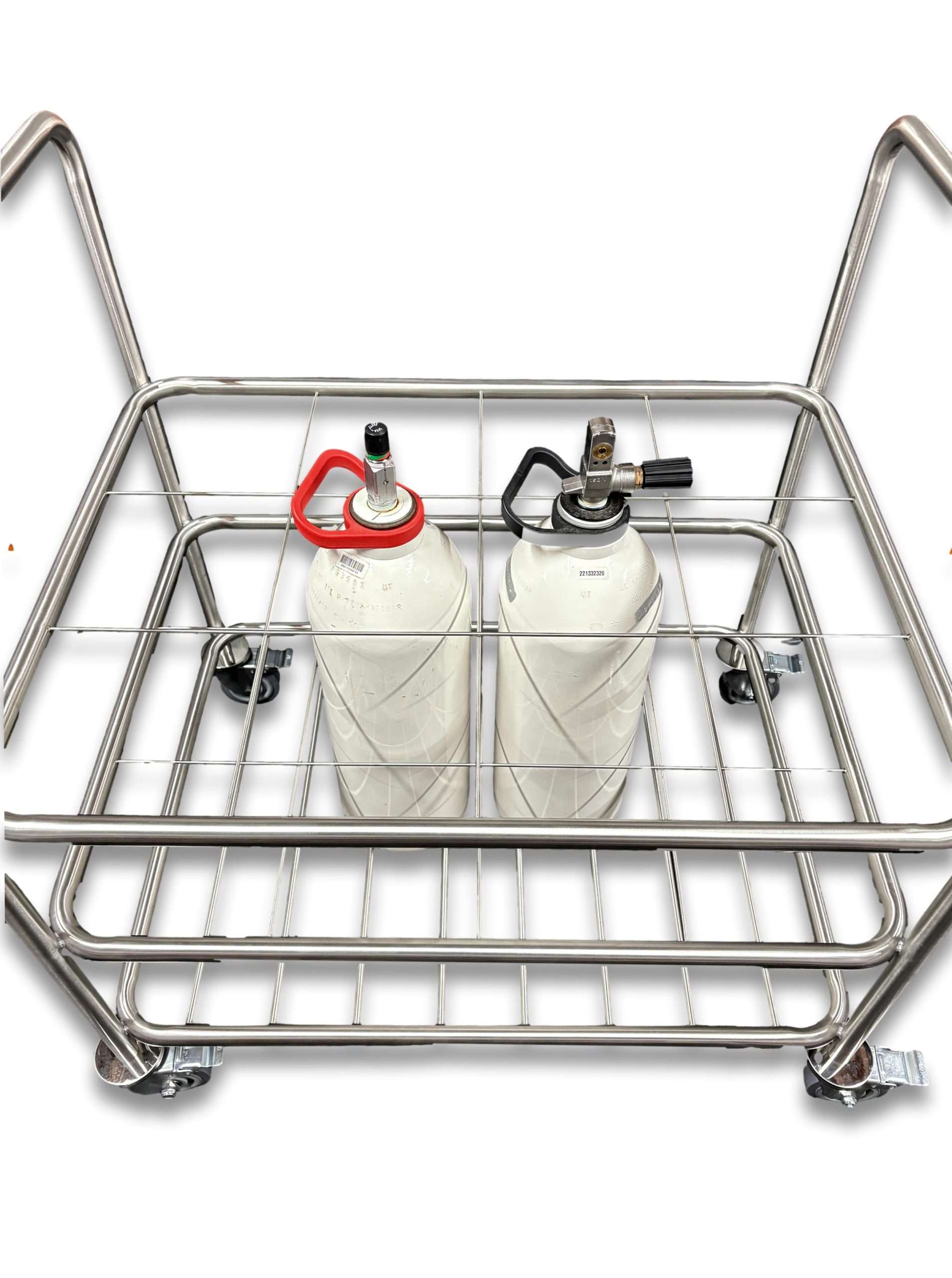 12 D-size medical gas cylinder trolley overhead view loaded with two D-size white medical gas cylinders showing dual-level stainless steel wire grid shelves