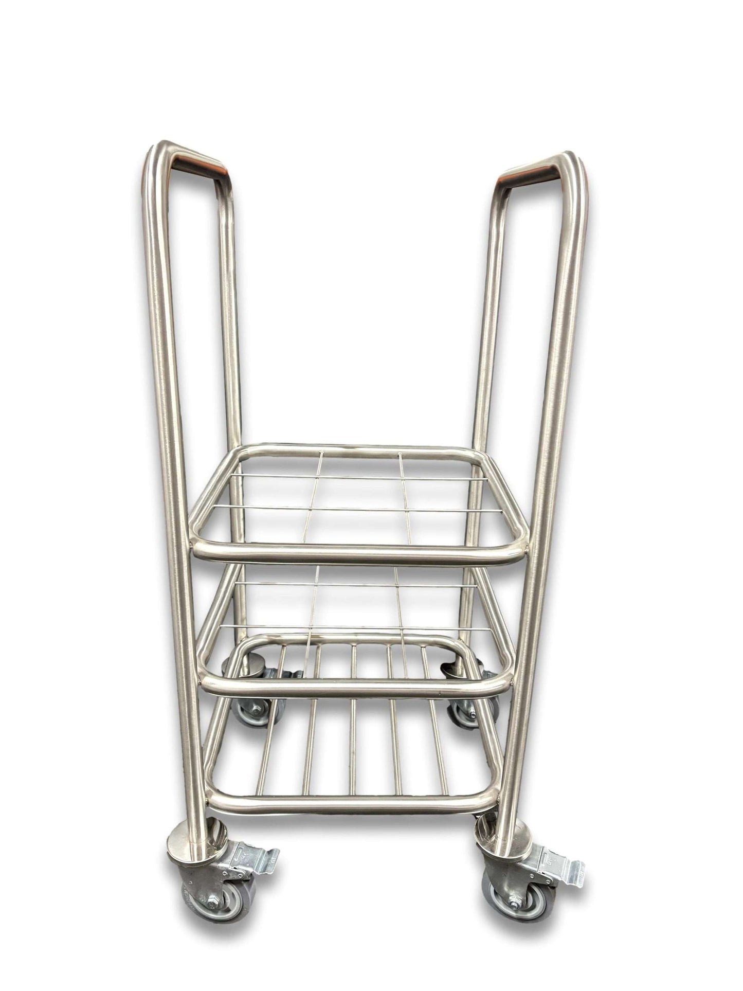 9 C-size medical gas cylinder trolley front view showing compact stainless steel dual-level wire grid shelves, handles at both ends and four lockable castor wheels