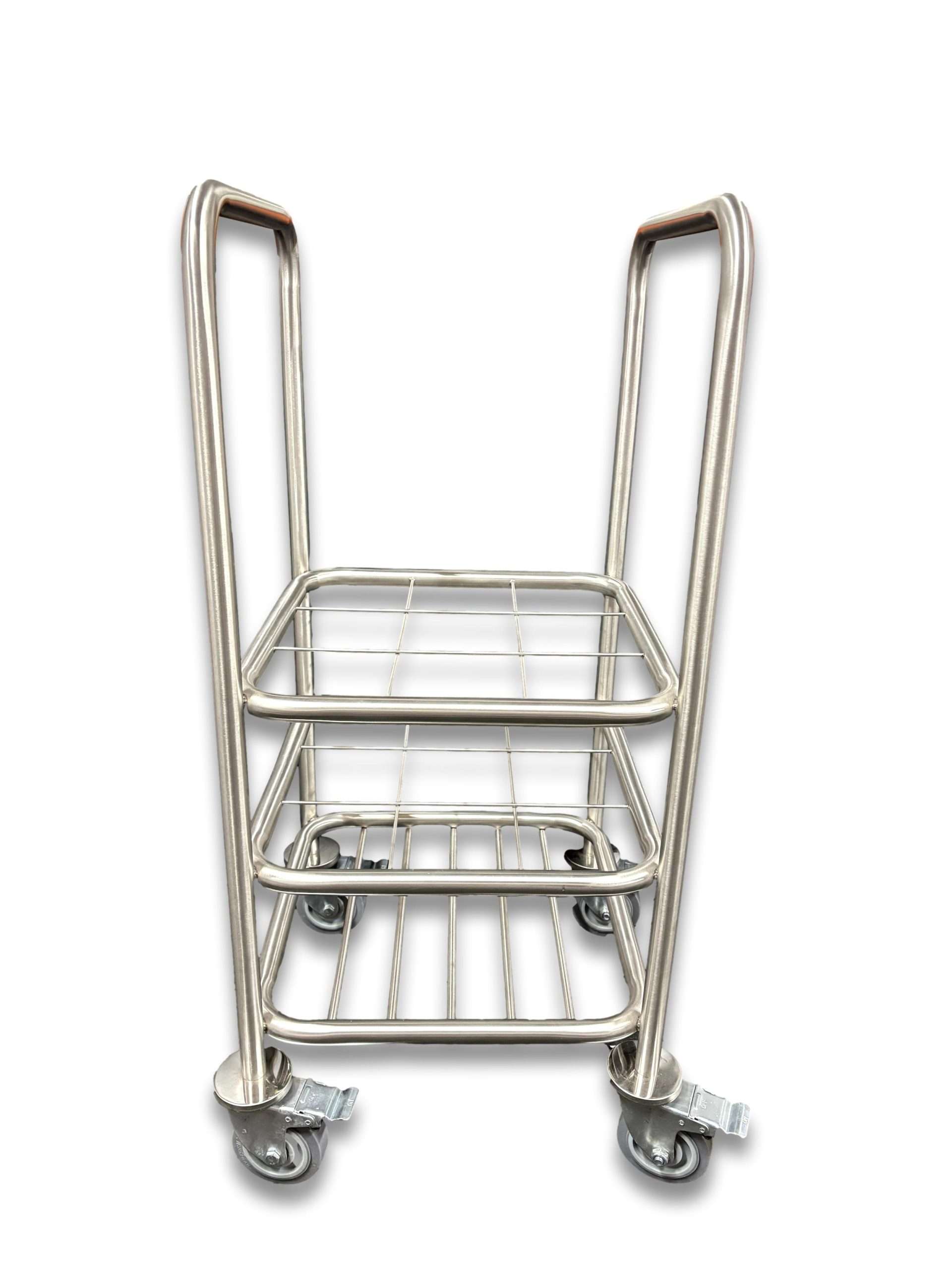 9 C-size medical gas cylinder trolley front view showing compact stainless steel dual-level wire grid shelves, handles at both ends and four lockable castor wheels