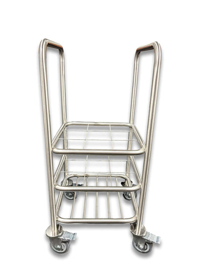 9 C-size medical gas cylinder trolley front view showing compact stainless steel dual-level wire grid shelves, handles at both ends and four lockable castor wheels