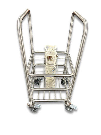 9 C-size medical gas cylinder trolley overhead view loaded with one C-size oxygen cylinder showing stainless steel dual-level wire grid and lockable castor wheels