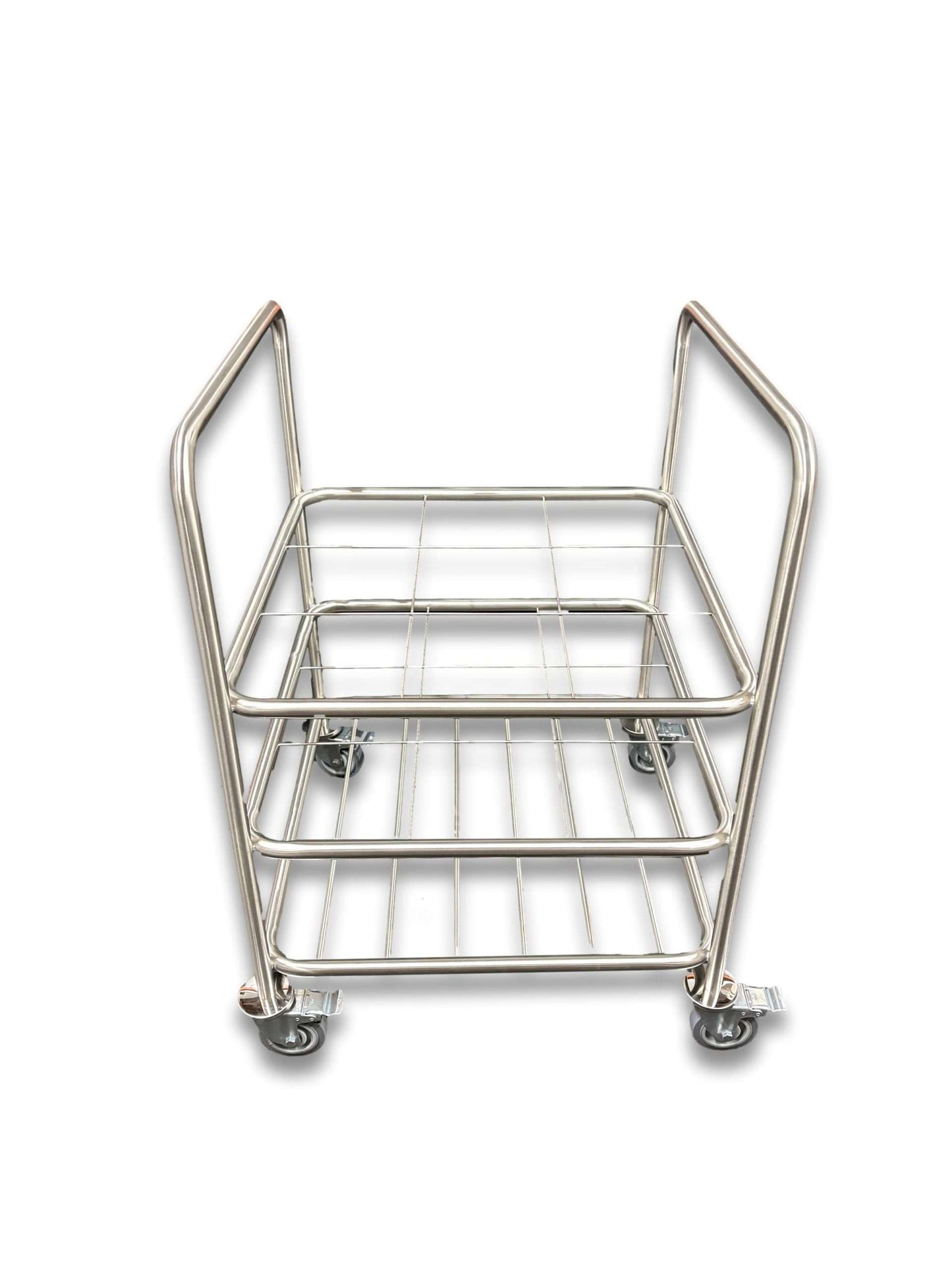 9 D-size medical gas cylinder trolley front view showing wide stainless steel dual-level wire grid shelves, handles at both ends and four lockable castor wheels