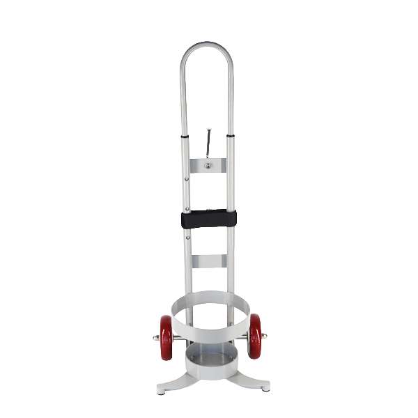 Xcel Medical C and D size medical gas cylinder trolley front view showing adjustable handle, Velcro strap, cylinder cradle and red wheels