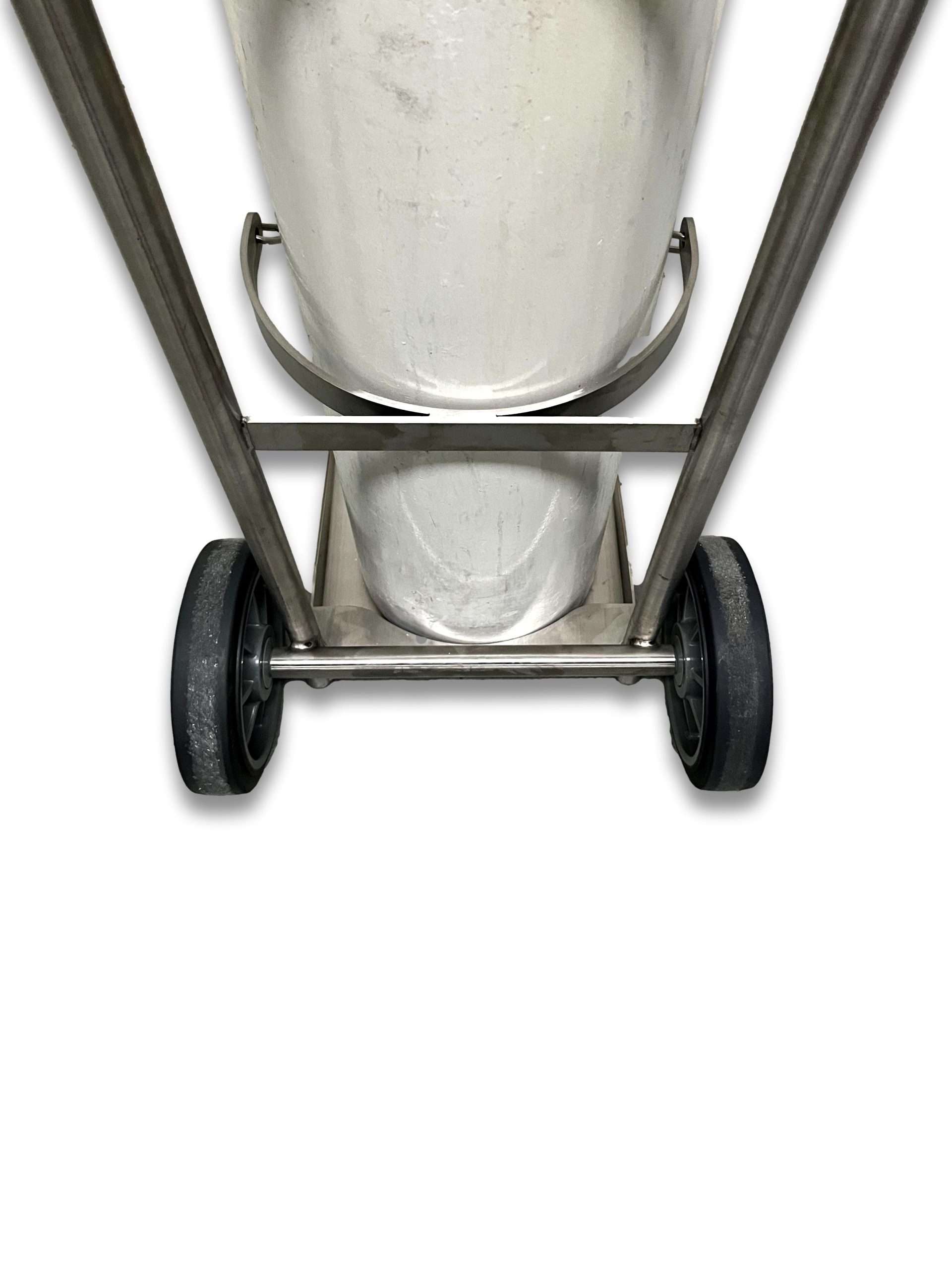 Close-up of E and G size cylinder trolley stainless steel base cradle showing cylinder seated in lower support bracket and solid rubber transport wheels