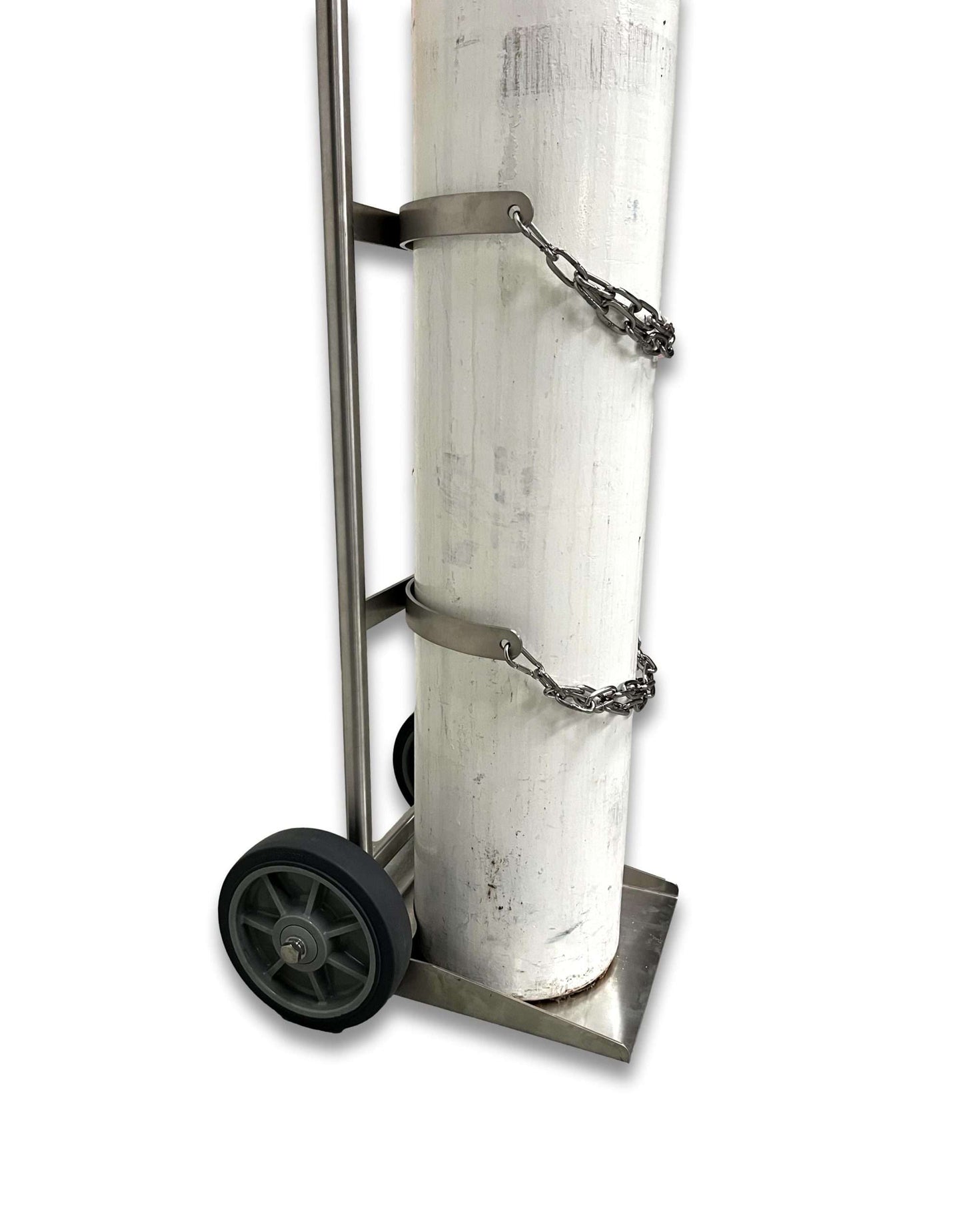 Close-up of E and G size cylinder trolley showing stainless steel chain securing mechanism with bracket hooks and 50cm chain length