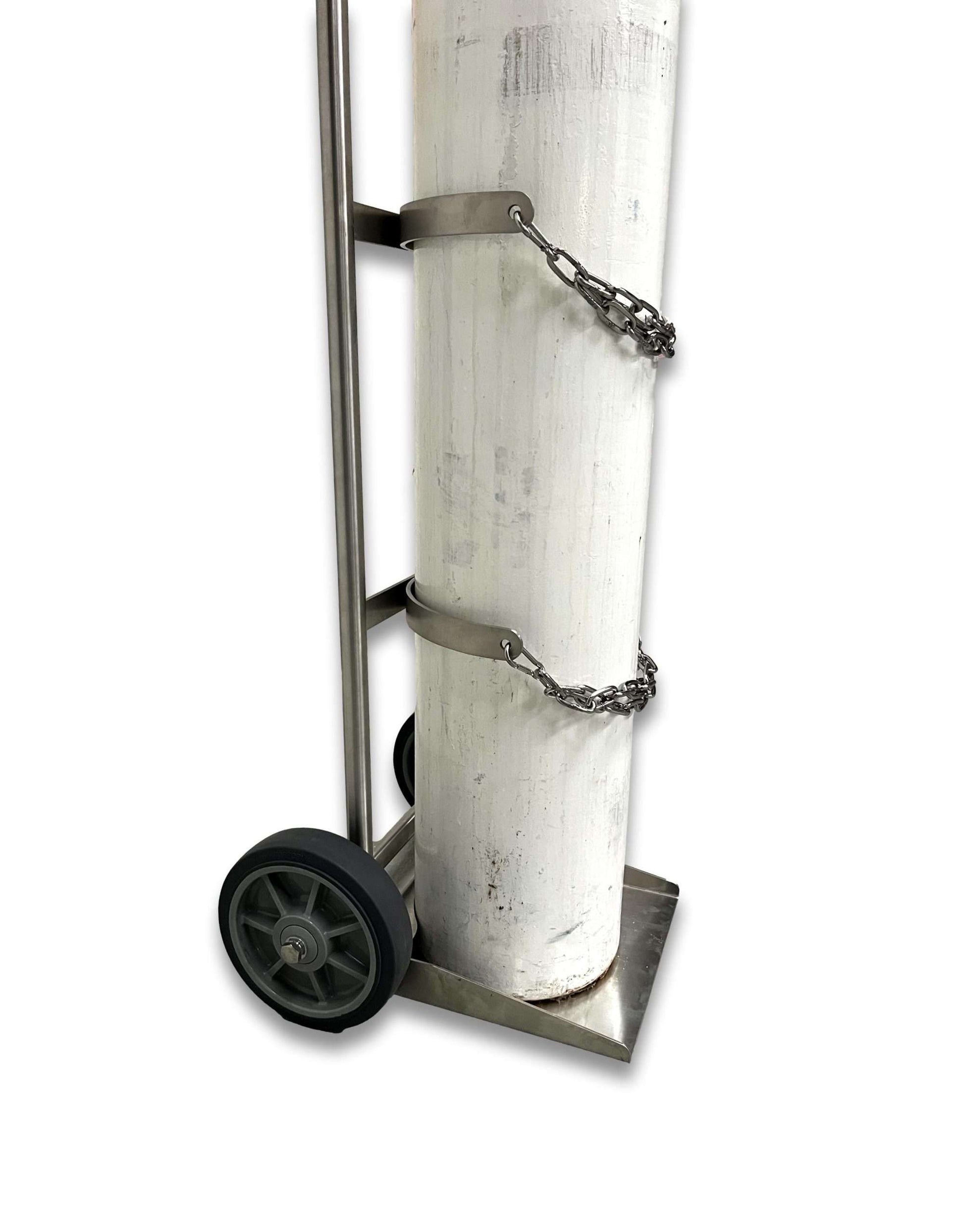 Close-up of E and G size cylinder trolley showing stainless steel chain securing mechanism with bracket hooks and 50cm chain length