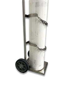 Close-up of E and G size cylinder trolley showing stainless steel chain securing mechanism with bracket hooks and 50cm chain length