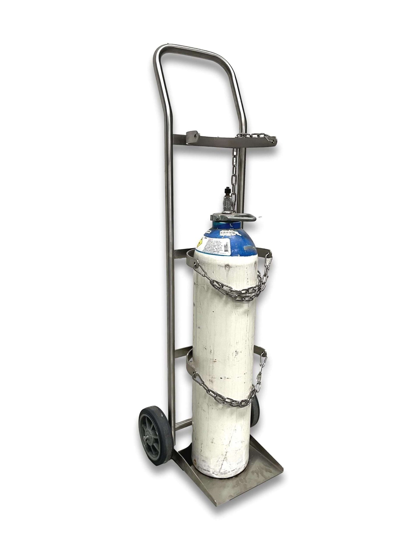 Medical gas cylinder trolley E and G size angled view with E-size blue-shouldered cylinder loaded showing dual chain securing mechanism and curved upper support bracket