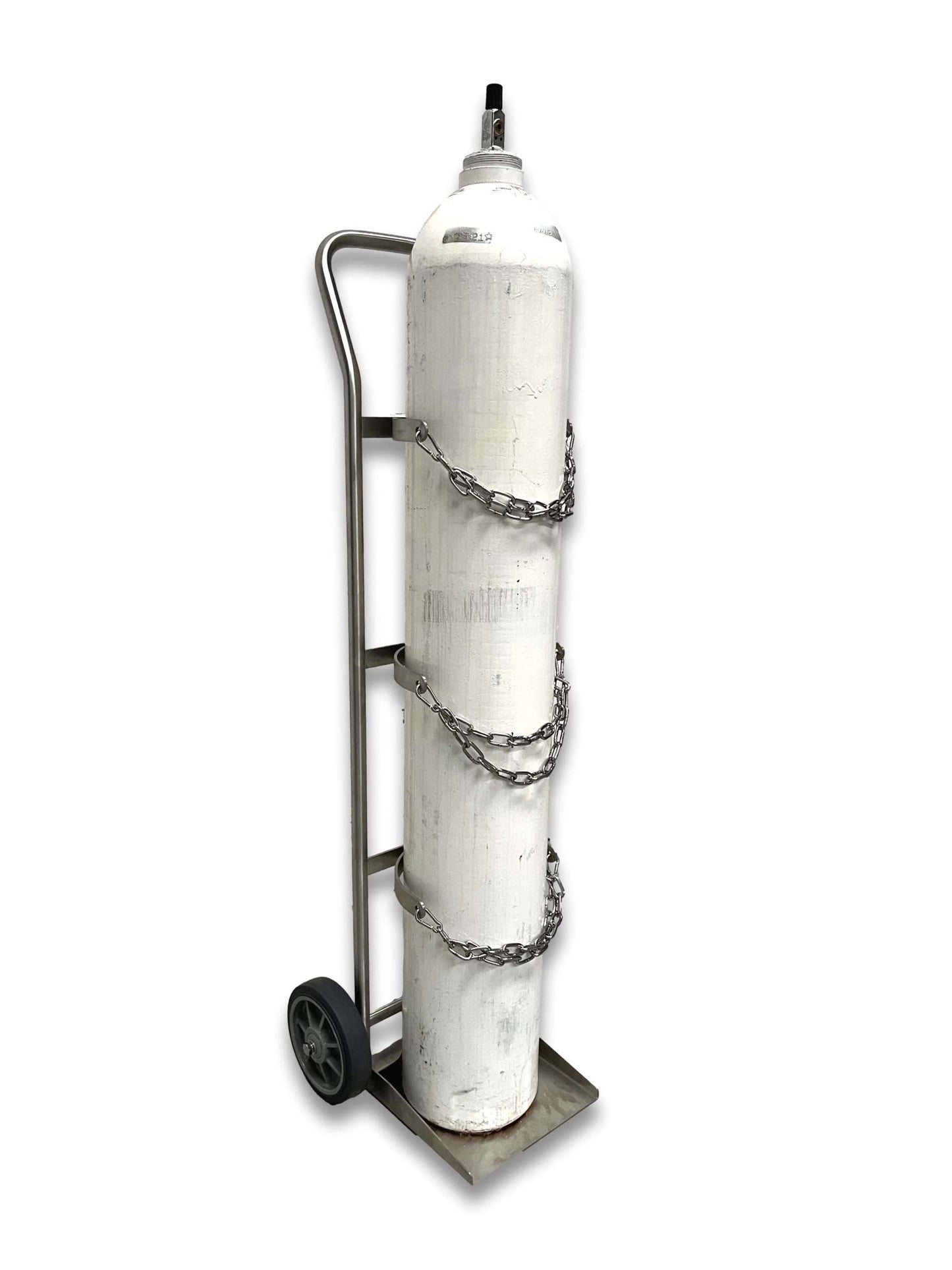 Medical gas cylinder trolley E and G size angled view with G-size cylinder loaded showing three chain securing points, curved handle and brushed stainless steel frame