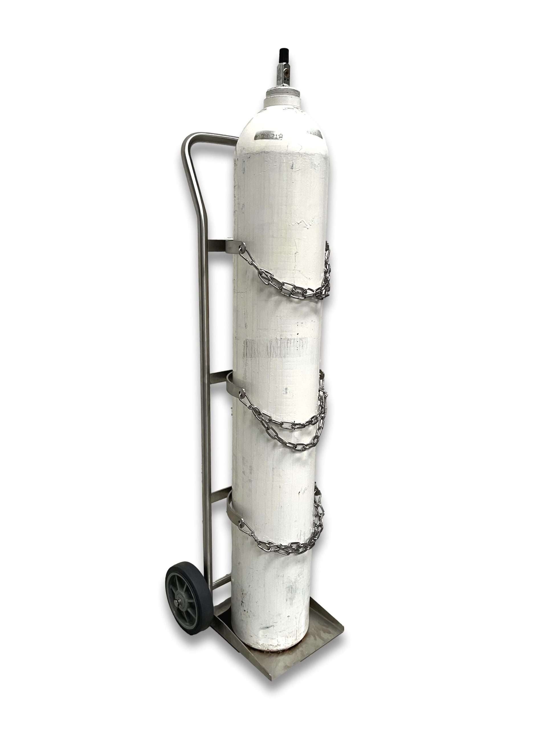 Medical gas cylinder trolley E and G size angled view with G-size cylinder loaded showing three chain securing points, curved handle and brushed stainless steel frame