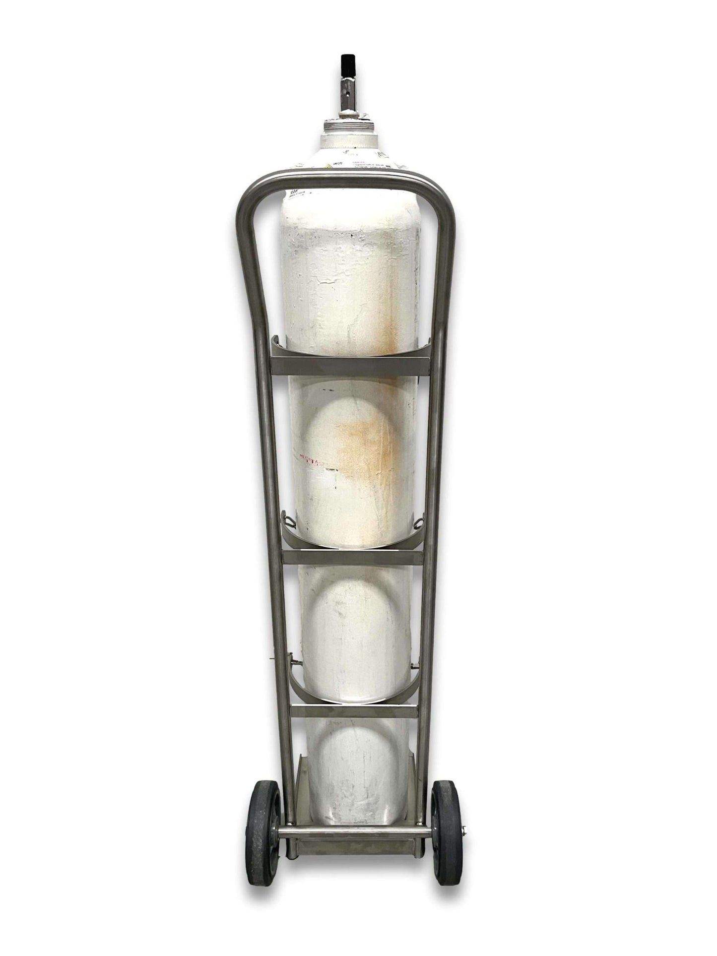 Medical gas cylinder trolley E and G size rear view with G-size cylinder loaded showing SUS304 stainless steel frame and solid stainless base plate