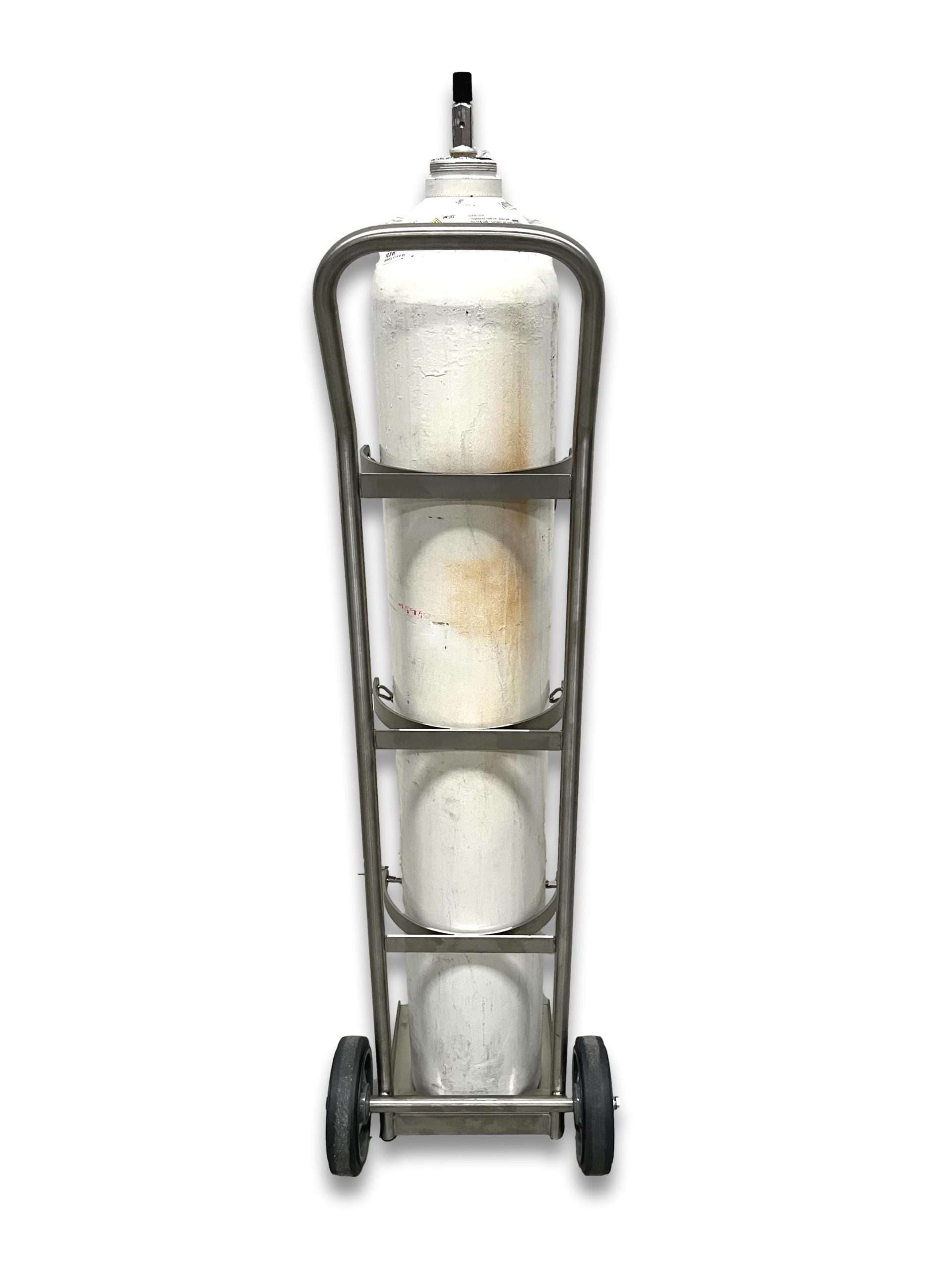 Medical gas cylinder trolley E and G size rear view with G-size cylinder loaded showing SUS304 stainless steel frame and solid stainless base plate