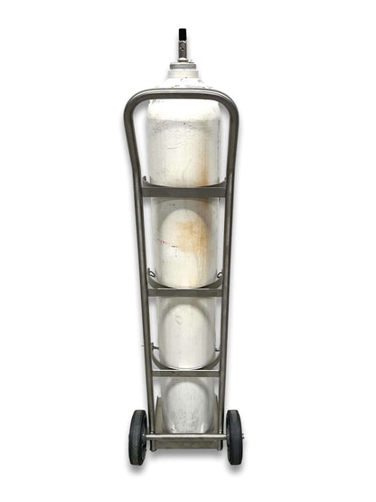 Medical gas cylinder trolley E and G size rear view with G-size cylinder loaded showing SUS304 stainless steel frame and solid stainless base plate