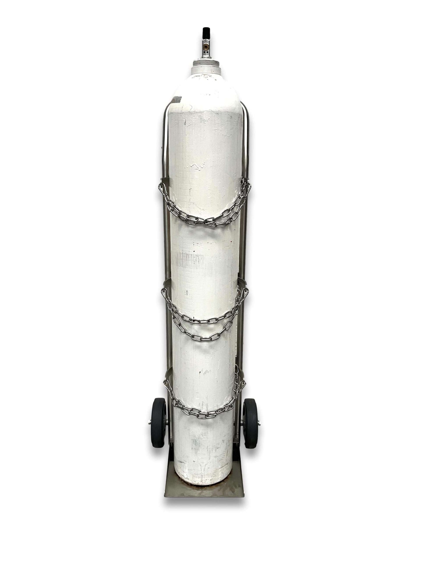 Medical gas cylinder trolley E and G size front view with G-size cylinder secured by three stainless steel chains, solid rubber wheels and flat stainless base plate
