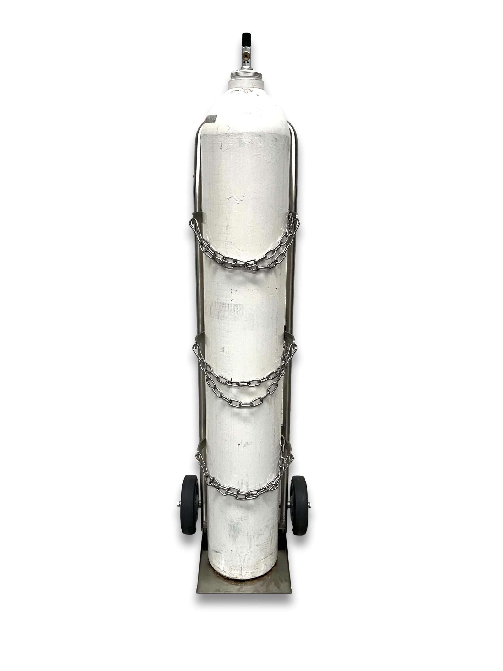 Medical gas cylinder trolley E and G size front view with G-size cylinder secured by three stainless steel chains, solid rubber wheels and flat stainless base plate