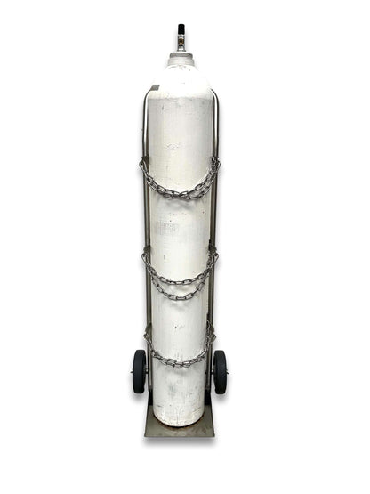 Medical gas cylinder trolley E and G size front view with G-size cylinder secured by three stainless steel chains, solid rubber wheels and flat stainless base plate
