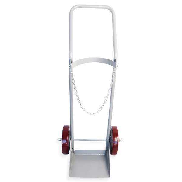 Xcel Medical E-size medical gas cylinder trolley empty front view showing grey powder-coated steel frame, curved cylinder bracket, chain and red solid rubber wheels