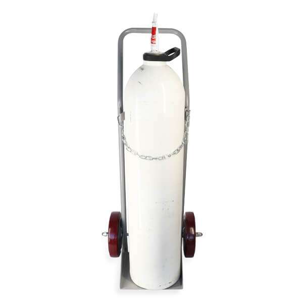 Xcel Medical E-size medical gas cylinder trolley front view with white E-size cylinder secured by stainless chain, grey powder-coated frame and red solid rubber wheels
