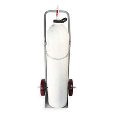 Xcel Medical E-size medical gas cylinder trolley front view with white E-size cylinder secured by stainless chain, grey powder-coated frame and red solid rubber wheels