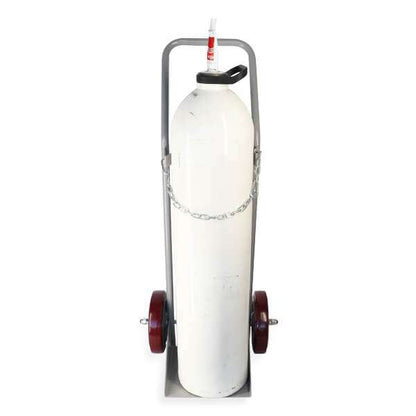 Xcel Medical E-size medical gas cylinder trolley front view with white E-size cylinder secured by stainless chain, grey powder-coated frame and red solid rubber wheels