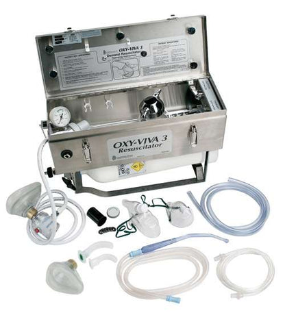 Comweld Oxy-Viva 3 resuscitator kit open stainless steel case showing demand valve, suction canister, pressure gauge and full kit contents