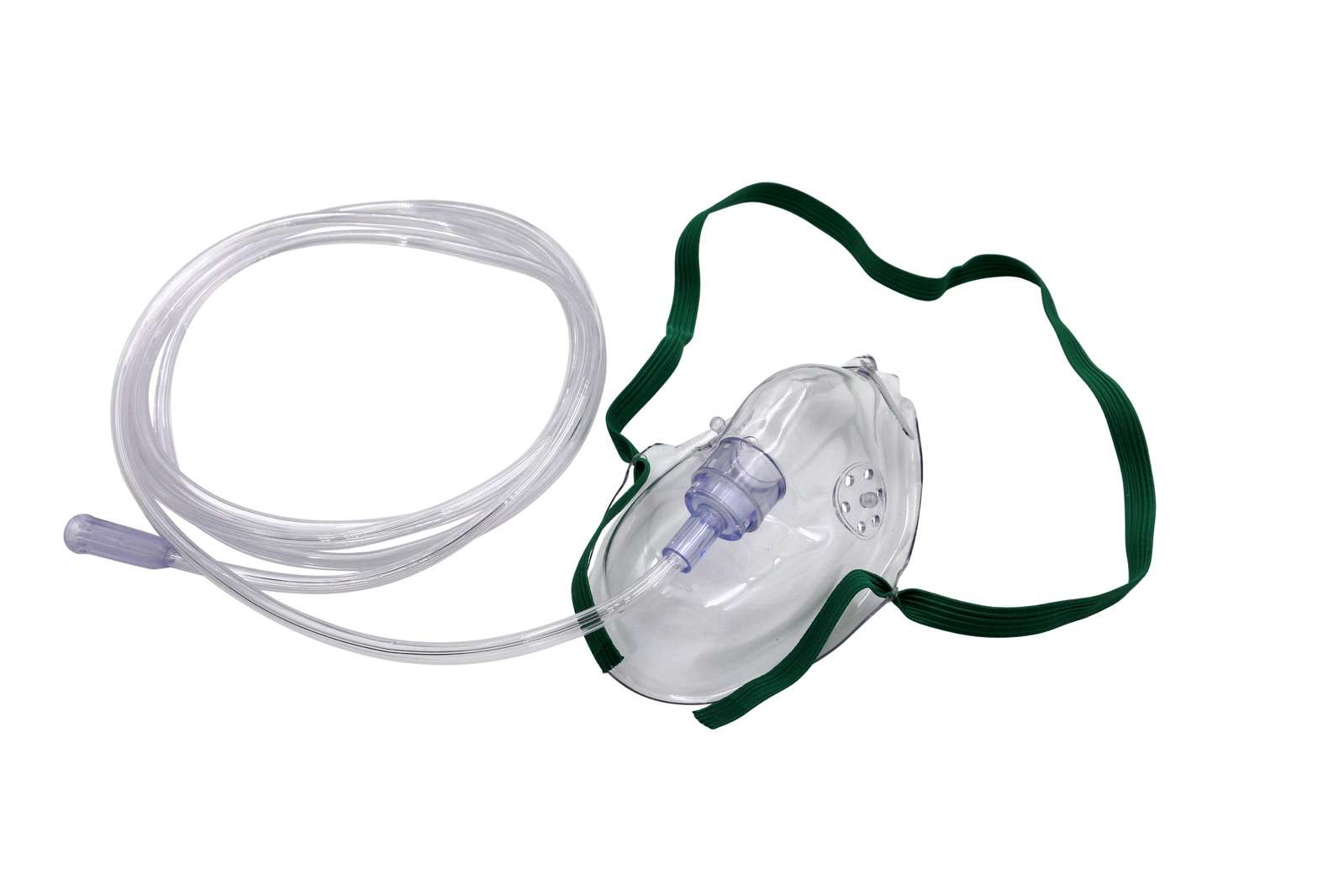 Adult oxygen therapy mask with green elastic strap and clear tubing included with Comweld Oxy-Viva 3 resuscitator kit