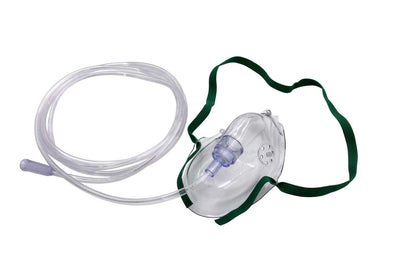 Adult oxygen therapy mask with green elastic strap and clear tubing included with Comweld Oxy-Viva 3 resuscitator kit