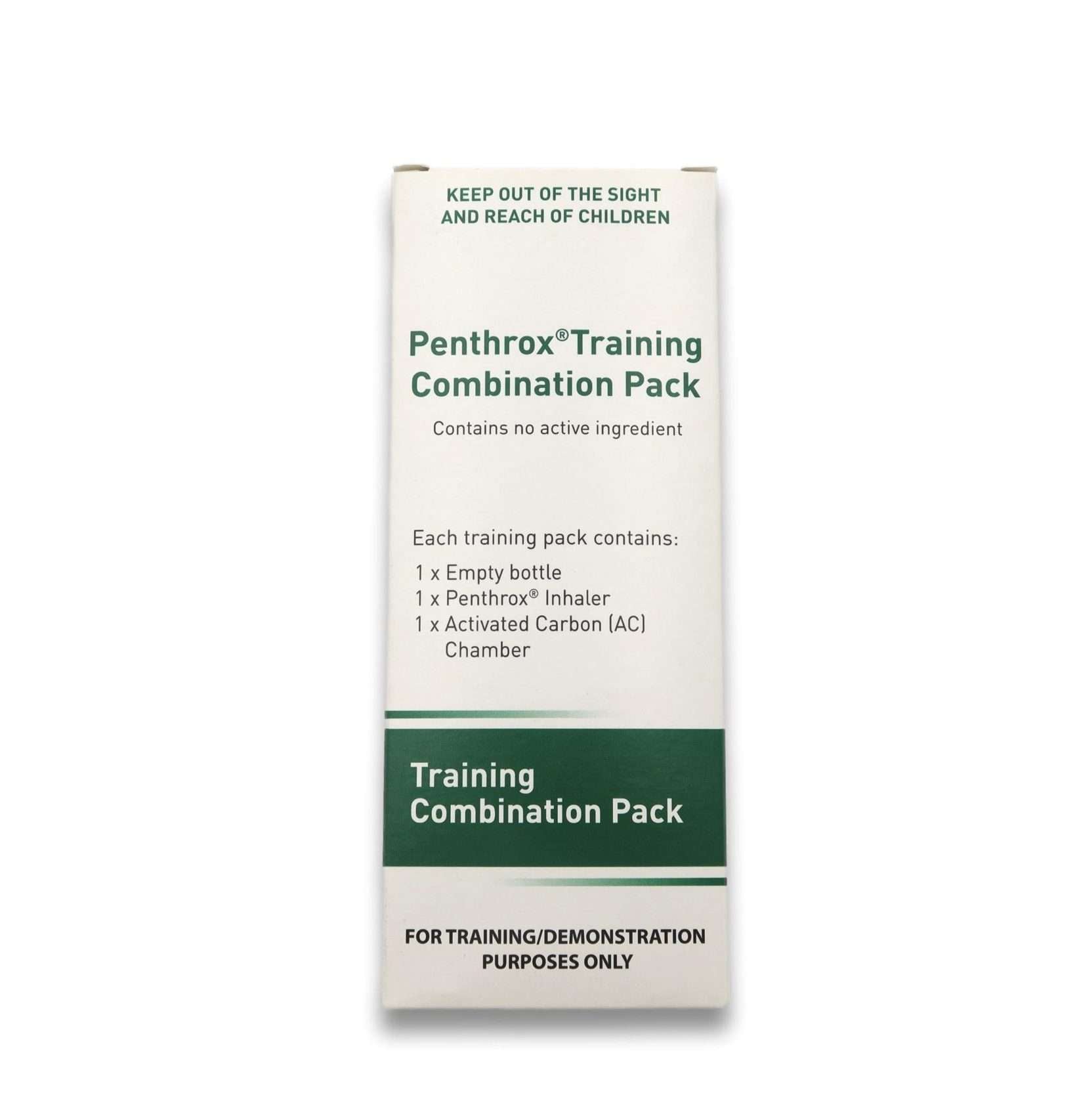 Penthrox Training Combination Pack packaging showing contents list with no active ingredient for training and demonstration purposes only